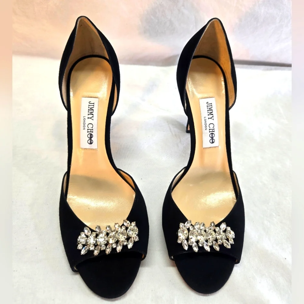 Jimmy Choo Women's 39.5 Black Suede Crystal Embellished Sandal Heels Pump New - Picture 1 of 11